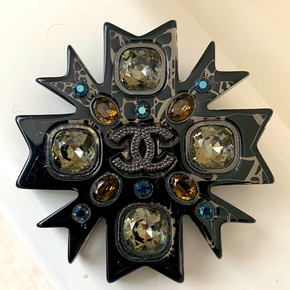 CHANEL Vendura France Rare Maltese Cross Large CC Gem Stone Brooch Pin Pendant